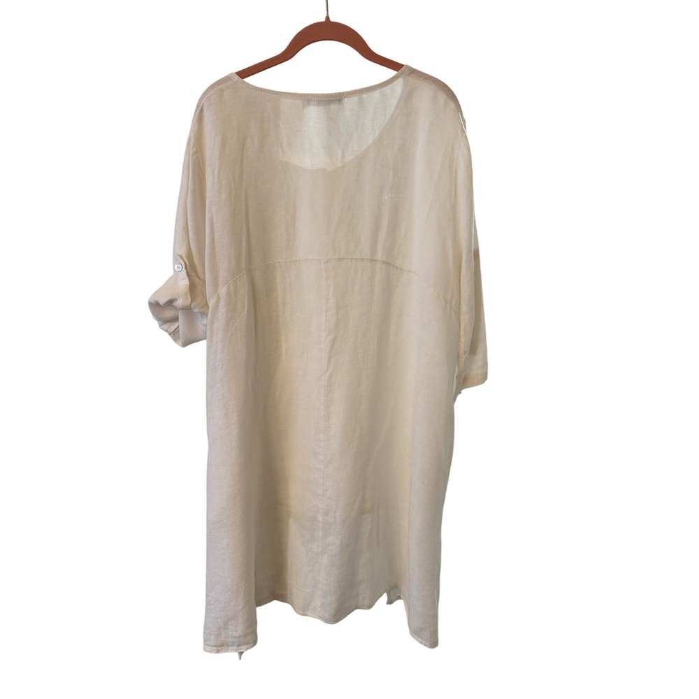 Tempo Paris Tunic White 100% Linen Button Front High-Low Roll-Tab 9058L Italy M